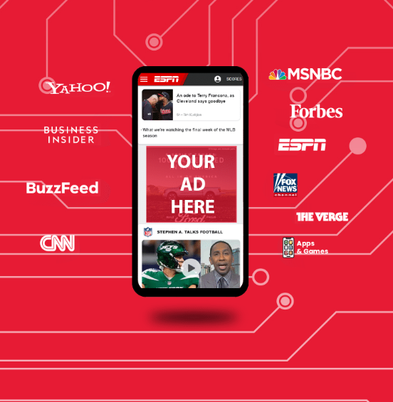 Illustration of a DigitalBoost ad placement on a smartphone surrounded by popular websites, apps and games