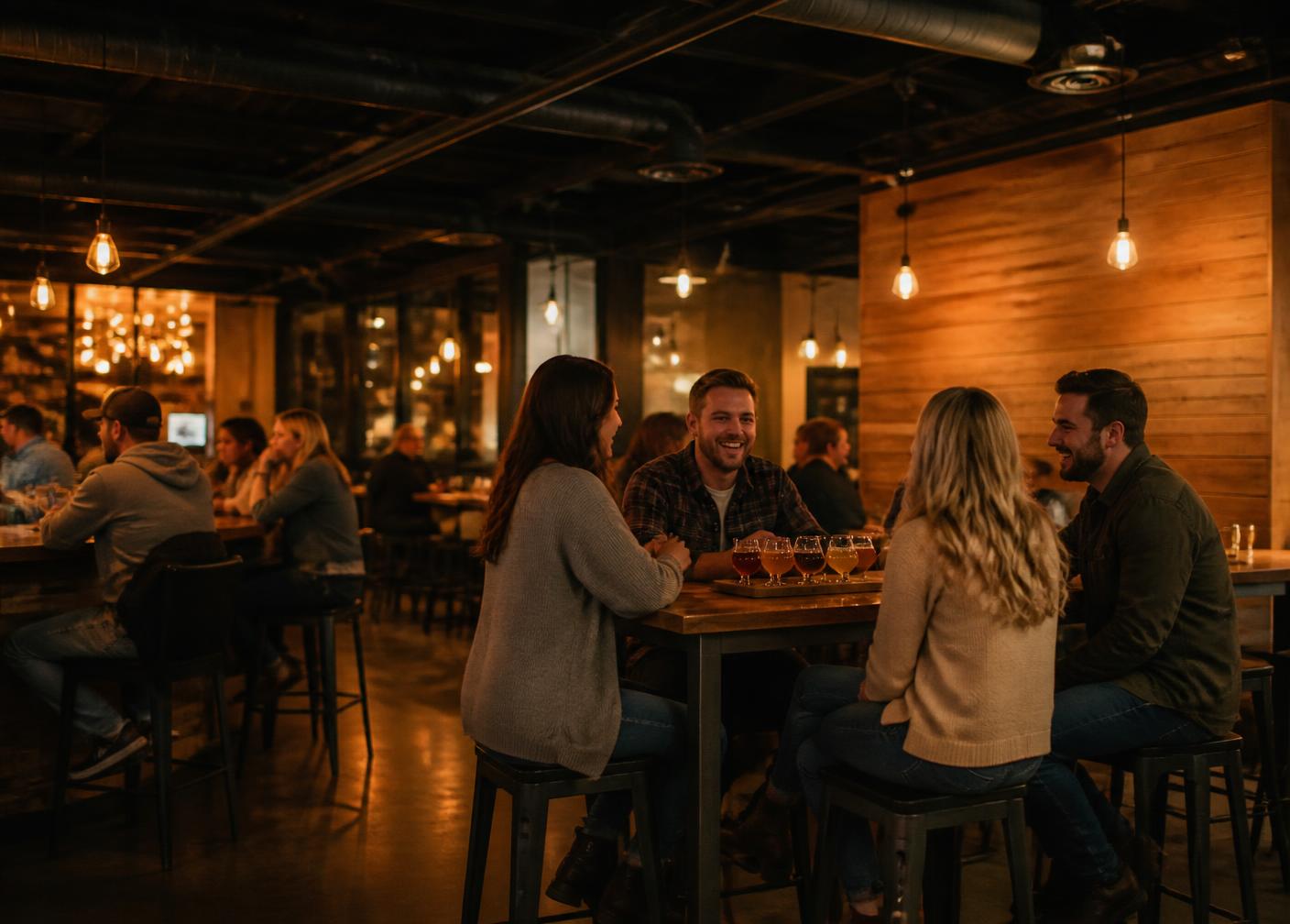 Friends enjoying beer flights in a warm, social taphouse