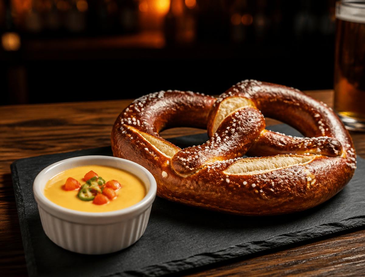 Soft pretzel with queso, the featured Pour Decisions pub snack
